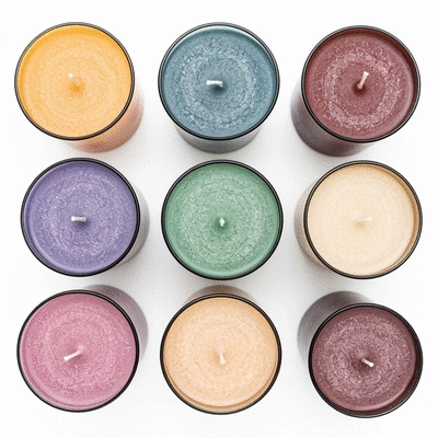 Overhead shot of various finished candles with different textures and colors, some with smooth surfaces and others showing minor imperfections, clean background, no text, no words, no typography, 8K