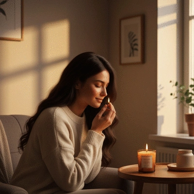 Person enjoying the aroma of a scented candle in a cozy home environment