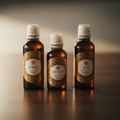 Hands arranging small bottles of essential oils with labels for top, middle, and base notes