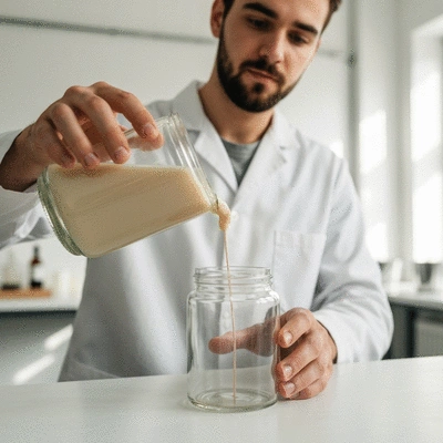 Candle maker pouring melted soy wax into a glass jar with a wick