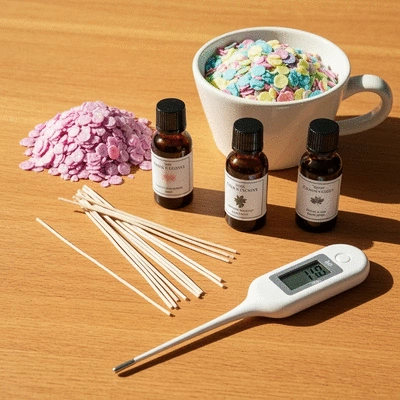 Assortment of candle making materials including wax flakes, wicks, fragrance oils, and a thermometer on a wooden table