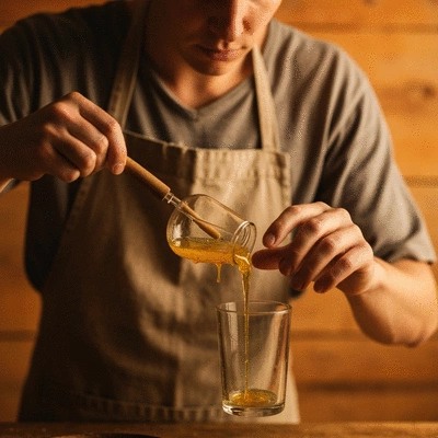 Person crafting a homemade candle with natural ingredients, focusing on pouring wax into a container
