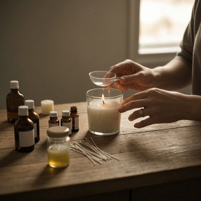 Hands crafting a scented candle with various essential oils and waxes on a wooden table