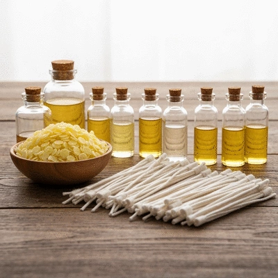 Assortment of natural candle making ingredients like soy wax, essential oils, and wicks on a rustic wooden table