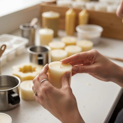 Close-up of hands carefully inspecting a candle for imperfections, with various candle making tools and waxes blurred in the background, natural lighting, no text, no words, no typography, 8K